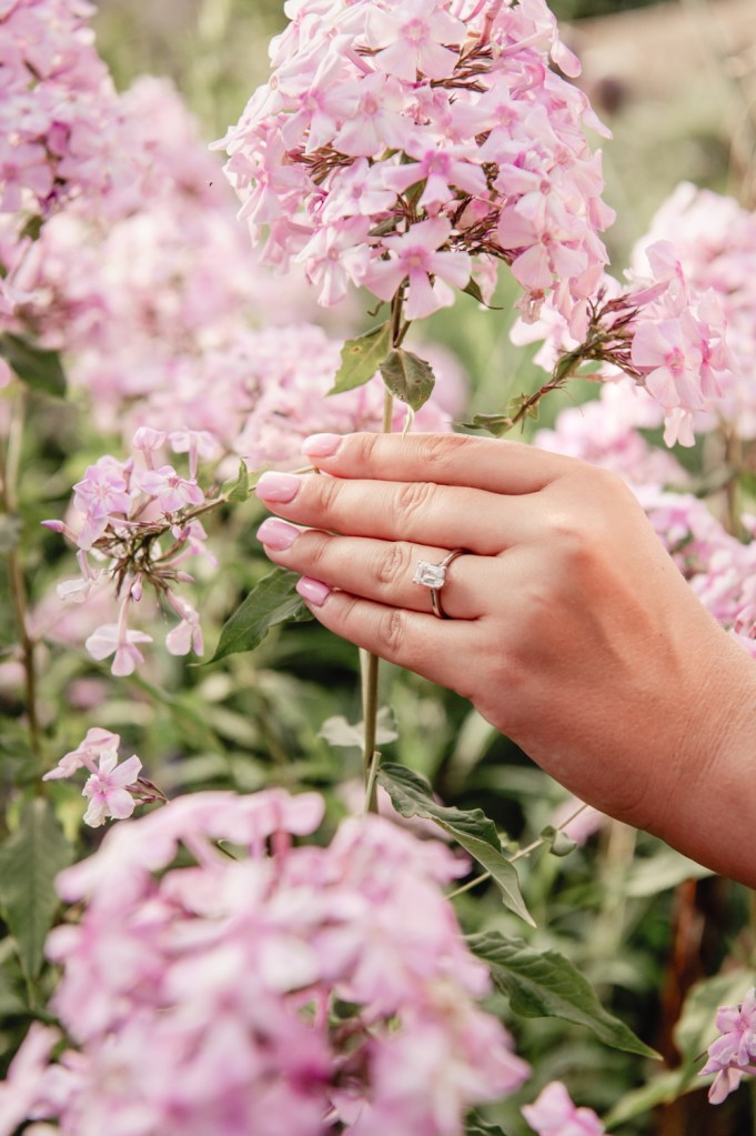 engagement ring in pink flowers