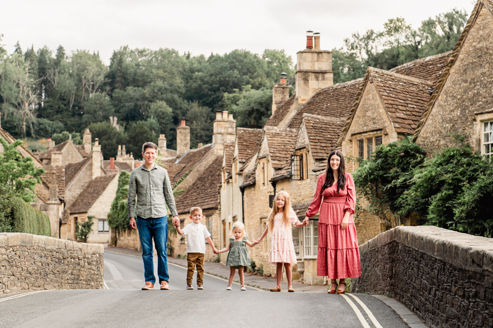 family in a cute cotswold village
