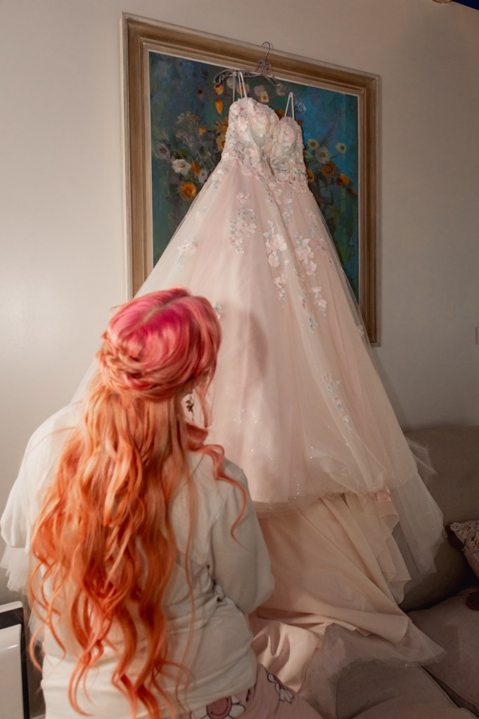 bride with pink hair wedding day