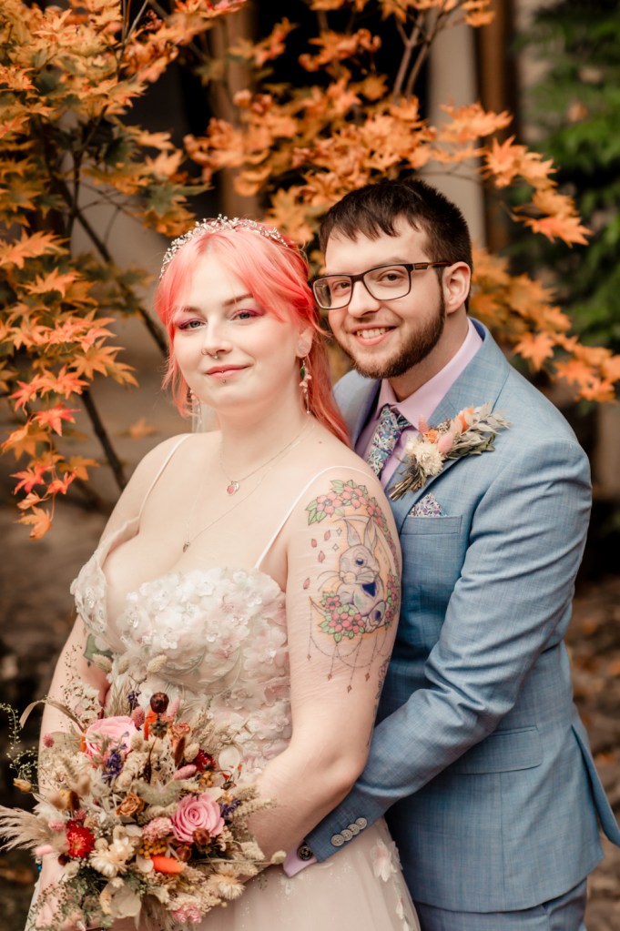 colourful bride and groom autumn wedding 