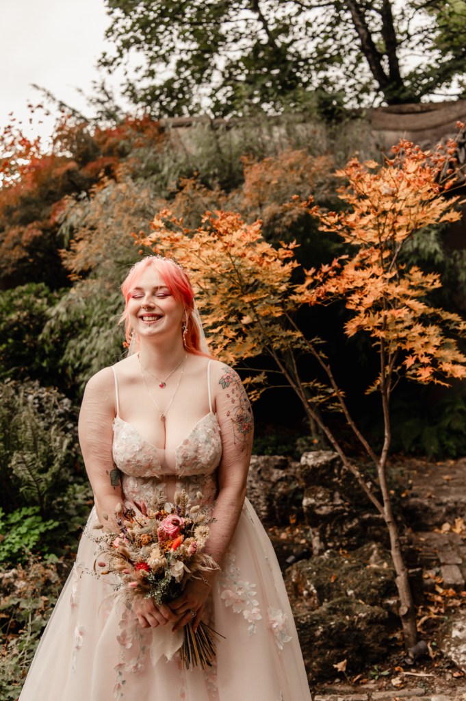 dreamy bride smiling autumn wedding