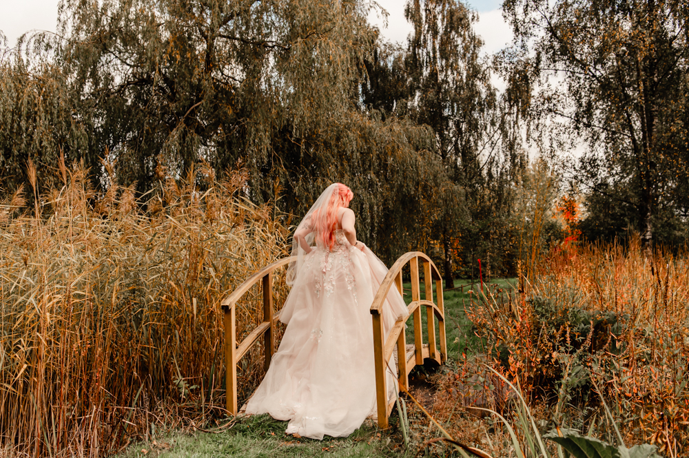 bride walking on a romantic bridge matara