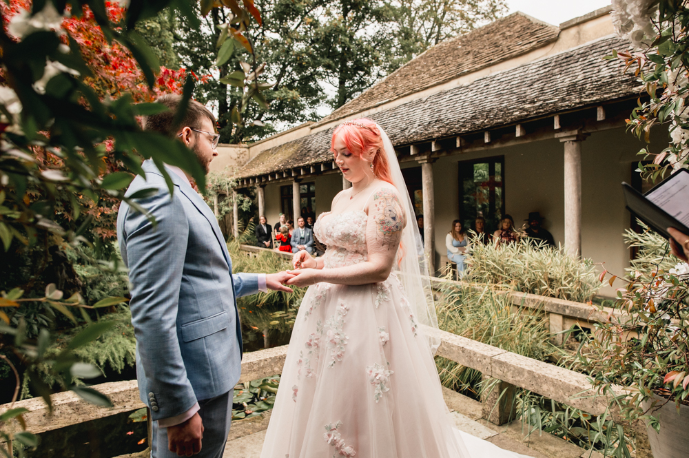 pink bride wedding ceremony at Matara centre cotswolds
