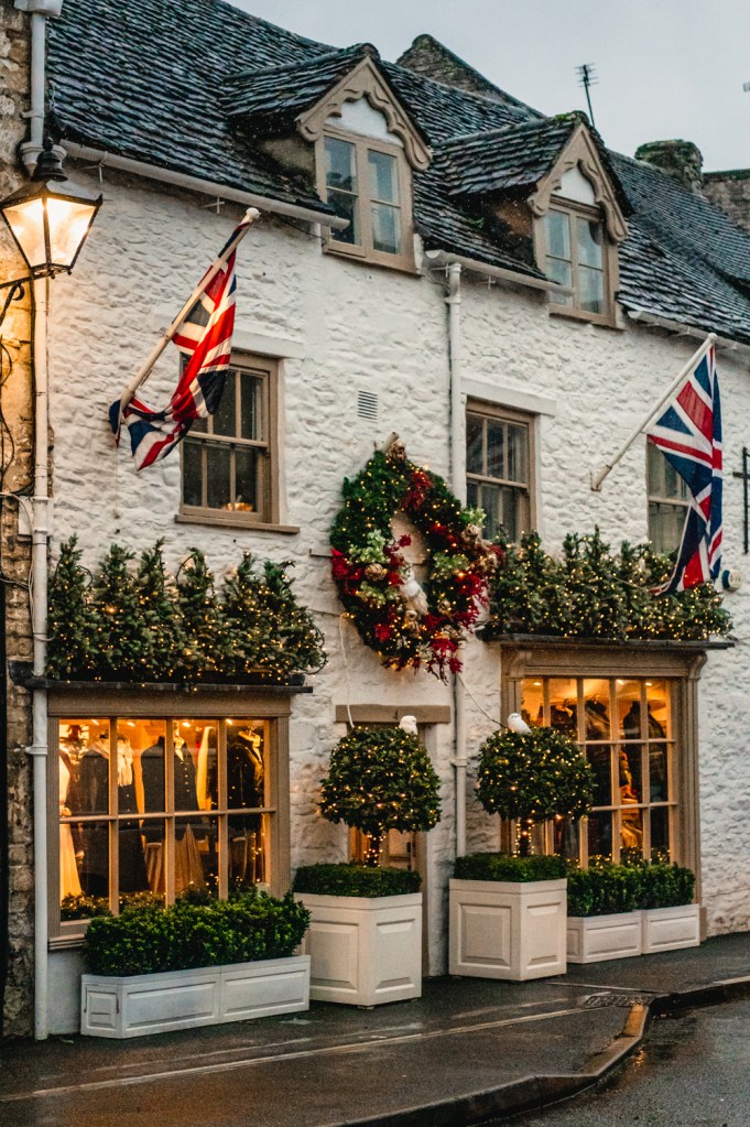 shop in Tetbury with christmas decorations and union jack flags