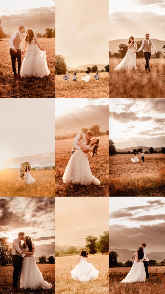 bride and groom at sunset dreamy wedding photography Cotswolds