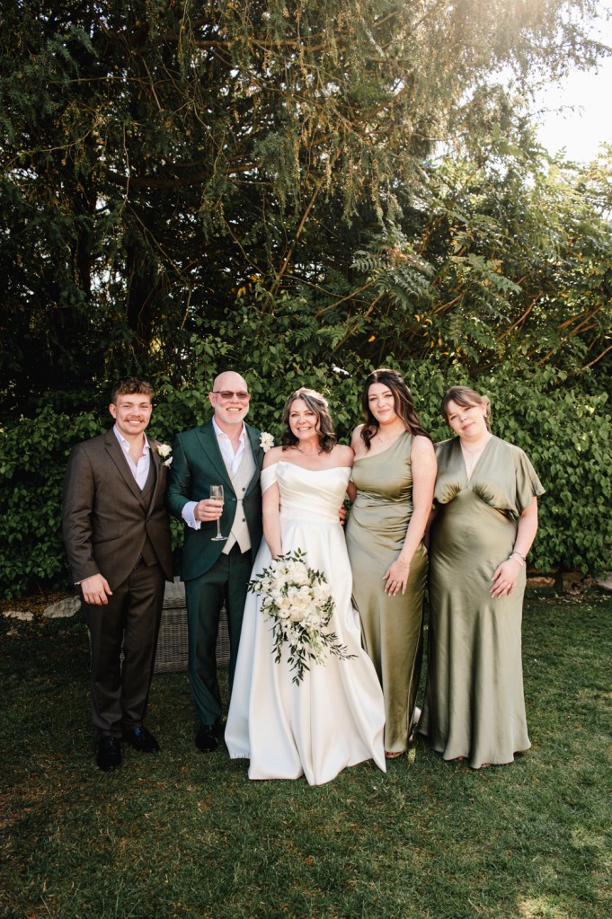 green and beige wedding portraits