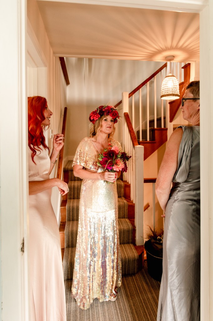 bride in a flower crown  festival wedding cotswolds