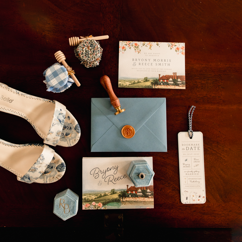flat lay wedding blue