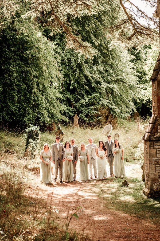 bridesmaids in green romantic cotswold wedding