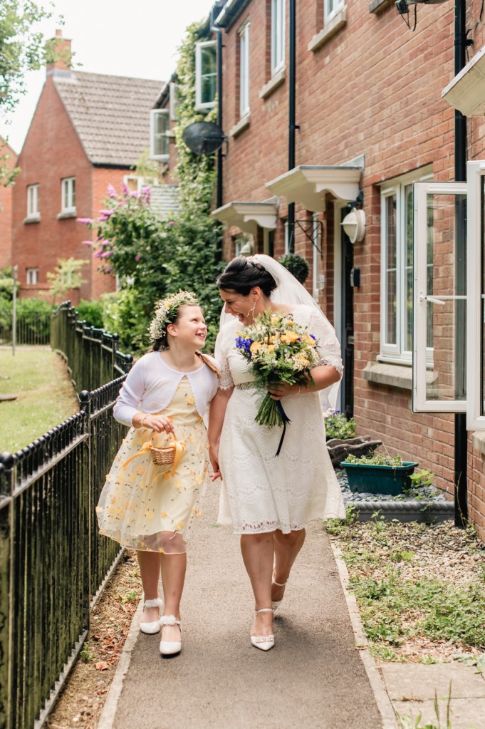bride and flower girl